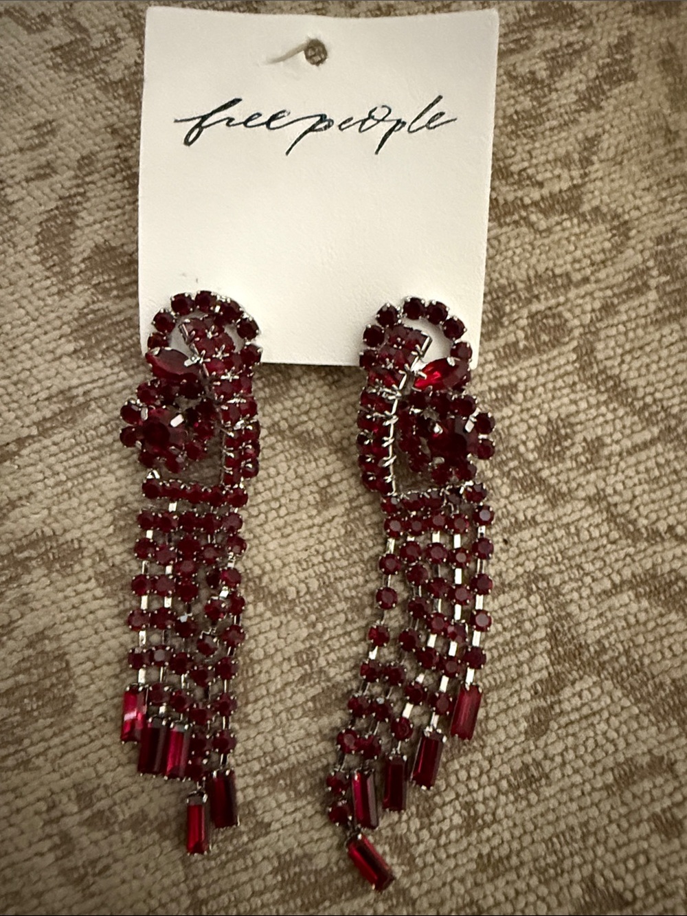Free People Red Sparkling Rhinestone Crystal Fringe Statement Earrings NWT